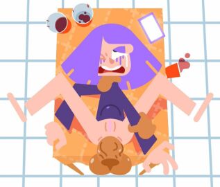 accurate_art_style algob4v anal anal_sex bulge bulge_through_clothing crying dark-skinned_male dark_skin disembodied_hand disembodied_penis duolingo female female_penetrated grabbing_neck grabbing_object lily_(duolingo) makeup_running male penis purple_hair rough_sex straight table