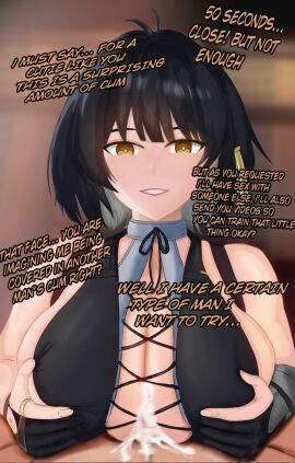 1boy 1girls black_hair breasts clothed_female_nude_male consensual_cuckold cuckold cuckolded cum cum_between_breasts cum_on_breasts english_text female female_rover_(wuthering_waves) hair_ornament huge_breasts indoors kanikamidesu light-skinned_female light-skinned_male light_skin male male_pov paizuri penis pov rover_(wuthering_waves) small_penis teasing text wuthering_waves yellow_eyes