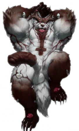 animal_genitalia animal_penis anthro balls bara big_muscles brown_body brown_fur brown_horn brown_penis dust_yang equine_genitalia equine_penis erection front_view fur genitals hi_res horn huge_muscles looking_at_viewer male male_anthro multi_eye muscles muscular muscular_anthro muscular_male nude penis pink_eyes pupils simple_background slit_pupils solo species_request unusual_anatomy unusual_anatomy_placement unusual_eye_placement vein veiny_penis white_background white_balls white_body white_fur yaoi