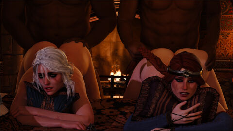 2boys 2girls 3d ass cerys_an_craite ciri dark-skinned_male dark_skin female from_behind green_eyes hair_pull hand_on_ass hand_on_butt interracial male red_hair rough_sex the_witcher_(series) tomoganim white_hair