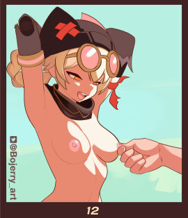 1girls armpits arms_up blonde_hair bojerryart breast_grab genshin_impact hoyoverse jahoda_(genshin_impact) mihoyo nipple_play nipple_tweak twintails