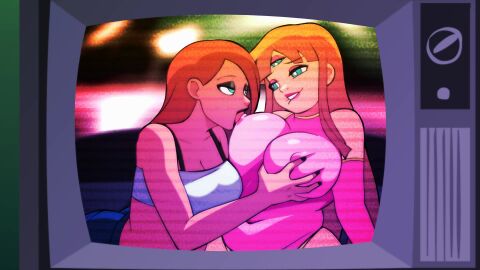 ass ass_grab ass_spread blonde_hair booty_shorts divine_wine eliza_(vampiranhya) lana_sofia_sanchez_perez_(vampiranhya) las_demoniacas_desventuras_de_vampiranhya leotard lilith_(vampiranhya) mexican muscular muscular_female red_head sucking sucking_nipples tagme thong vampiranhya_(artist) video