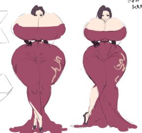 2girls belt black_belt black_footwear black_gloves black_shoes breasts breasts_bigger_than_head brown_eyes brown_hair bursting_breasts chinese_text cleavage closed_mouth clothed covered_navel dark_brown_eyes dark_brown_hair dark_eyes dark_hair dress enormous_breasts female female_only full_body gigantic_breasts gigantic_hips gloves hand_on_hip high_heels hourglass_figure human human_only hyper hyper_breasts hyper_hips long_dress long_legs looking_at_viewer massive_hips narrow_waist original original_character red_dress shoes sketch smile standing thick_thighs waist_shrinking white_background wide_hips yonly7