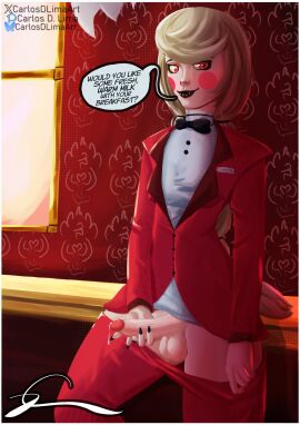 1futa average_breasts background black_lipstick blonde_hair breasts carlosdlimaart charlie_morningstar_(hazbin_hotel) cum_drip dialogue futanari hazbin_hotel intersex medium_breasts pants pants_down pants_pull penis petite precum precum_drip precum_string presenting presenting_penis red_eyes red_suit self_upload smile solo solo_focus solo_futa suit tagme tie tied_hair