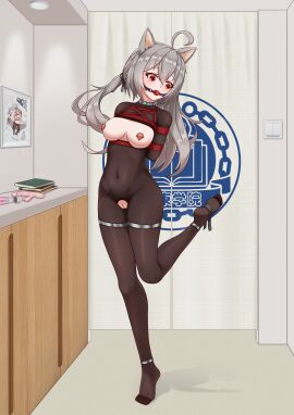 absurdres animal_ears arm_behind_back ball_gag bodysuit bondage breasts breasts_out collar commentary commentary_request exposed_breasts female food full_body gag gagged grey_hair highres holding holding_food leg_up long_hair medium_breasts nipple_piercing nipples original piercing red_eyes restrained sex_toy shibari_over_clothes silverink skin_tight thigh_strap translation_request vibrator