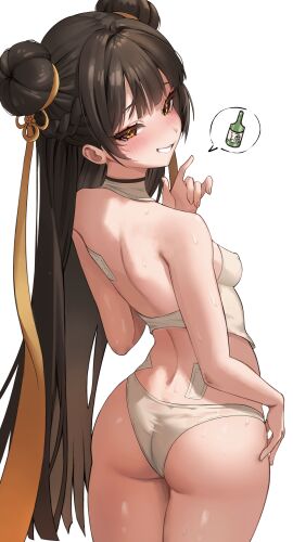 absurdres ass bare_shoulders black_survival blush bra braid breasts brown_hair clenched_teeth commentary covered_erect_nipples dasi_(kwts3227) double_bun eternal_return:_black_survival female grin hair_bun highres li_dailin long_hair looking_at_viewer panties sideboob simple_background small_breasts smile solo standing sweat teeth underwear underwear_only white_background white_bra white_panties yellow_eyes