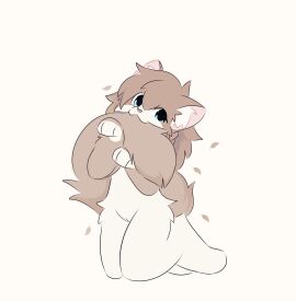 anthro bent_legs bite blue_eyes brown_body brown_fur domestic_cat ears_up felid feline felis female fur genitals hi_res leaf mammal presenting presenting_pussy presenting_vulva pussy solo tail tail_bite tail_in_mouth vlaxi111 vulva white_body white_fur