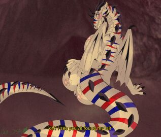 anthro anus ass back_wings big_(disambiguation) big_breasts blush breasts draconid dragon female focus_(disambiguation) genitals hand_on_ass hand_on_butt hi_res markings massive mythological_creature mythological_scalie mythology paul_dsr pussy scalie solo solo_focus spikes striped_body striped_markings stripes wings