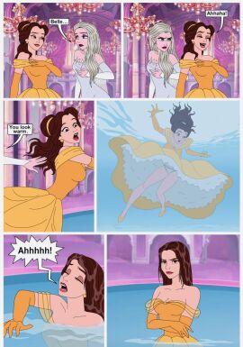 2girls beauty_and_the_beast_(1991_film) belle_(beauty_and_the_beast) breasts clothing comic crossover disney disney_princess dress elsa_(frozen) female frozen_(film) laughing serisabibi small_breasts underwater water