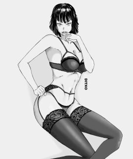 1girls 2024 2d 2d_(artwork) artist_name big_breasts black_and_white black_hair breasts ditxo_arts female female_only finger_in_mouth finger_to_mouth fubuki_(one-punch_man) human human_only legs light-skinned_female light_skin lingerie looking_at_viewer naughty_face no_sex one-punch_man realistic_proportions short_hair solo solo_female thighhighs thighs