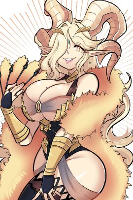 armwear blonde_hair breasts dragon_girl dragon_horns dragon_tail elbow_gloves female full_body fully_clothed fur_coat gloves gold_footwear gold_horns golden_eyes hair_over_one_eye hand_fan highleg highleg_leotard hips huge_breasts jewelry kulve_taroth large_breasts legs_up legwear light-skinned_female light_skin lipstick long_ears long_hair looking_at_another milf missandydandy mole_on_breast mole_under_eye monster_hunter revealing revealing_clothes ring sfw solo_female thick_thighs underboob vambraces voluptuous_female