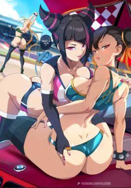 3girls ass ass_focus back back_view bare_arms bare_legs bare_shoulders bare_thighs big_ass big_breasts big_butt black_hair blush bmw breast_press breasts brown_eyes brown_hair cammy_white capcom chun-li clothed clothing color deviantart_link english_text felox08 female female_focus female_only fit fit_female hi_res human human_only imminent_sex inviting juri_han large_breasts light-skinned_female light_skin long_hair looking_at_viewer muscles muscular muscular_female outdoors purple_eyes race_queen seductive seductive_look short_hair sitting solo_female street_fighter symmetrical_docking tagme text text_bubble thick_thighs twitter_link yuri