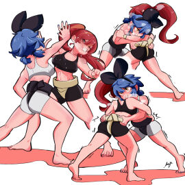 2girls amazu_(kurozu) bare_shoulders barefoot black_shirt black_shorts blue_hair breasts catfight dif_(difman) female female_only highres kneepits mari_(amazu) multiple_females multiple_girls multiple_views original red_hair ryona shirt shorts sin_amazu sumo toes white_shirt white_shorts
