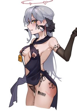 ass_smack ass_tattoo barcode barcode_tattoo bare_shoulders black_dress black_gloves black_horns black_panties breast_tattoo breasts clothes_lift commission condom cowboy_shot cropped_legs cum cumdrip curled_horns dark-skinned_male dark_skin dress dress_lift elbow_gloves evening_gown facial_tattoo female from_side gloves grey_hair halo hand_up handprint highres horns lace lace_panties leg_tattoo long_hair looking_back low_horns male medium_breasts mole mole_under_eye nipple_cutout nipple_piercing nipple_tag nipples no_bra original panties piercing profile qos_tattoo quandai19 quandaiyaojiu queen_of_spades short_dress shoulder_tattoo side-tie_panties slap_mark solo spade_tattoo spanked tattoo underwear used_condom yellow_eyes