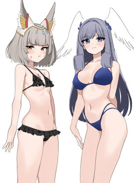 2girls alternate_costume animal_ears bikini black_bikini blue_bikini blue_eyes breasts cat_ears cat_girl core_crystal female fried_bocky grey_hair head_wings highres looking_at_viewer medium_breasts melia_antiqua multiple_females multiple_girls nia queen_nia simple_background size_difference small_breasts swimsuit white_background wings xenoblade_(series) xenoblade_chronicles_3 yellow_eyes