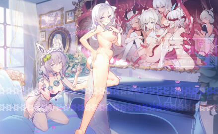 6+girls absurdres anal_beads apron bare_shoulders bottomless breasts character_request chinese_commentary closed_mouth commentary_request completely_nude covered_nipples curtains female grabbing_another's_breast grabbing_from_behind grey_eyes grey_hair groping group_sex hair_intakes halterneck highres holding holding_sex_toy indoors jewelry kneehighs kneeling large_breasts long_hair looking_at_viewer maid maid_apron maid_headdress medium_breasts multiple_females multiple_girls navel nipple_piercing nipples no_panties nude object_insertion painting_(object) parted_lips petals piercing purple_eyes pussy pussy_juice ring sample_watermark sex_toy shirt slime_(substance) smile socks soul_tide spread_legs stomach_bulge syzygy table tentacle thigh_strap thighhighs toes vaginal_object_insertion vaginal_penetration watermark white_apron white_headdress white_shirt white_socks white_thighhighs window yuri