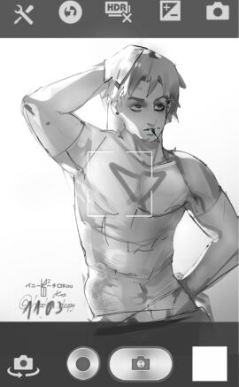 1:1_aspect_ratio 1boy abs after_masturbation armpits arms_behind_head arms_up artist_signature bara blush bodybuilder camera camera_view fit fit_male hair hands-free hands_behind_head humanoid looking_at_another male manga monochrome muscular muscular_chest muscular_male original original_character outside pixiv pixiv_commission see-through see-through_clothing see-through_top shadow shaved_armpit solo solo_male sweat sweatdrop tight_clothing tight_fit tiringtyrant workout workout_clothes yaoi