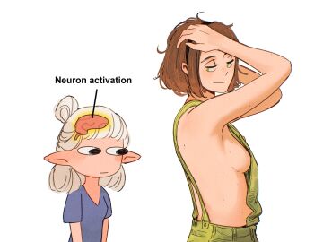 2girls asimov_(spindle_(aidenr0)) breasts female neuron_activation_(meme) ottilie_(spindle_(aidenr0)) overalls sideboob spindle_(aidenr0) staring tagme yuri