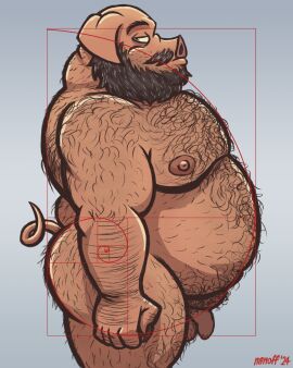 1boy anthro ass balls bara beard domestic_pig facial_hair fat fat_belly fat_male flaccid foreskin genitals golden_ratio hi_res joe_(nanoff) looking_at_viewer male male_only mammal mature_male nanoff nipples nude obese obese_male overweight overweight_male penis pig porcine_tail side_view solo standing suid suina sus_(pig) uncircumcised yaoi