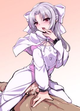 blush bow capelet coat cowgirl_position cum cum_in_pussy female gradient hairbow licking long_hair open_mouth pussy red_eyes sex straddling straight tongue vaginal_penetration white_bow