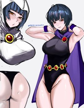 1girls alternate_version_available armpits ass ass_shot atlus big_ass big_breasts black_leotard blue_hair blush breasts brown_eyes cape collar cosplay dark_blue_hair dc dc_comics female female_only hair hi_res highres hips hoodie large_ass large_breasts leotard mature mature_female mature_woman megami_tensei multiple_views nero_watch persona persona_5 raven_(cosplay) short_hair smile solo solo_female spiked_collar sweat tae_takemi teen_titans thighs