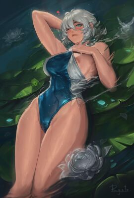 breasts female female_only flower nipple_slip one-piece_swimsuit one_breast_out rgate swimsuit water