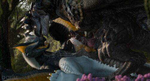 3d absurd_res barlu blender_(artwork) bodily_fluids capcom digital_media_(artwork) duo ejaculation feral feral_on_feral flying_wyvern forest forest_background frottage fur genitals hi_res knot licking looking_pleasured male male/male monster_hunter nargacuga nature nature_background penile penis plant rath_wyvern rathalos scalie sex silver_rathalos tongue tree wings