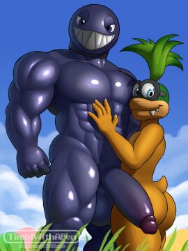 3:4 abs aged_up anthro anthrofied ass balls big_ass big_balls big_butt big_penis chain_chomp collar digital_media_(artwork) duo eyewear gay genitals glasses hair hand_on_chest hi_res humanoid_genitalia humanoid_penis iggy_koopa koopaling looking_at_viewer male male/male male_only mario_(series) metal metallic_body muscular muscular_anthro muscular_male nintendo nude pecs penis sharp_teeth size_difference smile smililng super_mario_bros. tail teeth timidwithapen wearing_glasses