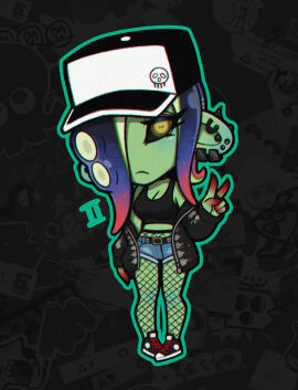 1girls 2d_(artwork) acht_(splatoon) chibi chibi_style cleavage dedf1sh digital_drawing_(artwork) digital_media_(artwork) female female_focus female_only fishnet_legwear fishnets jacket looking_at_viewer mizuta_ahato_(splatoon) peace_sign sanitized_(splatoon) sanitized_octoling shorts splatoon splatoon_3 splatoon_3:_side_order tank_top v vaporeight yellow_eyes