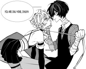 2boys blush bungo_stray_dogs bungou_stray_dogs chuuya_nakahara collar crossdressing dazai_osamu greyscale leash leash_and_collar leash_pull maid maid_outfit maid_uniform male male_only possession yaoi zzzx009