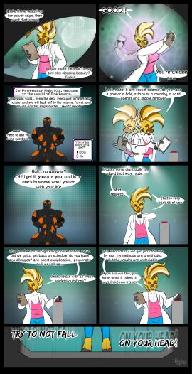 abs absurd_res amphibian anthro arms_tied balls black_body blonde_hair bound breasts chair cleavage clothed clothing coat dialogue english_text equid equine exclamation_point female fire_salamander furniture genitals hair hi_res lab_coat male mammal max_(maxdamage_rulz) motion_lines muscular muscular_male nintendo nude orange_body penis plains_zebra pokemon profanity pushbutton quagga question_mark recently_extinct_species red_eyes ruby_kila rubykila salamander signature simple_background sitting speech_bubble spread_legs spreading standing submissive submissive_male text topwear waking_up yellow_body yellow_eyes zebra