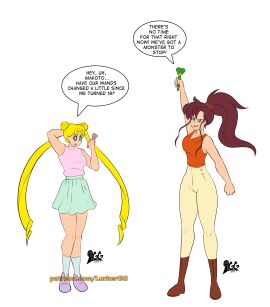 2girls before_transformation bishoujo_senshi_sailor_moon blonde_hair blue_eyes blue_socks boots brown_boots brown_hair clothed clothed_female clothing dated english english_text female female_only fully_clothed green_eyes green_skirt holding_wand light-skinned_female light_skin long_twintails lurkergg makoto_kino multiple_females multiple_girls orange_shirt pants patreon_url pink_shirt ponytail pre-transformation purple_shoes shirt shoes skirt socks speech_bubble text text_bubble transformation twintails twintails_(hairstyle) url usagi_tsukino wand