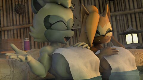 3d bluewyvern female hot_spring naked naked_female sonic_(series) sonic_the_hedgehog_(series) spa talking tangle_the_lemur towel towel_only whisper_the_wolf