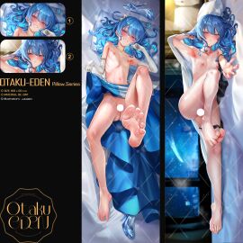 alternate_costume armpits barefoot blue_eyes blue_hair blue_skirt blush censored clothes_lift collarbone crown dakimakura_(medium) dorsiflexion elbow_gloves eyelashes feet female flat_chest foot_focus foreshortening from_above from_side full_body glass_slipper gloves grin hand_up high_heels highres hololive hololive_gen_0 hololive_japan hoshimachi_suisei indoors jagoo jagoo_(artist) knee_up legs looking_at_viewer lying mini_crown multiple_views nipples nude on_back on_bed otakueden1995 outstretched_arm panties panties_around_one_leg partially_visible_vulva pillow pussy revealing_clothes second-party_source shoes skirt skirt_lift smile soles swept_bangs toenails toes underwear unworn_shoes virtual_youtuber watermark white_gloves window