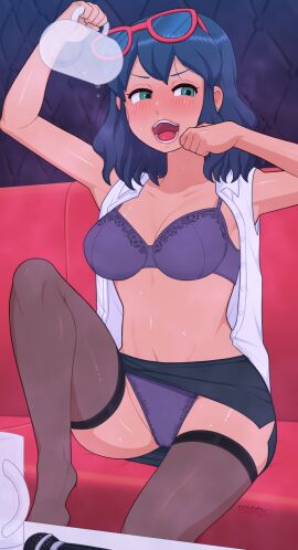 1girls arm_up bdrd blue_hair blush brown_legwear cameltoe celia_hills drunk female glasses glasses_on_head green_eyes holding_object inazuma_eleven inazuma_eleven_(series) legwear microphone mug open_clothes open_vest otonashi_haruna partially_clothed pussy short_hair skirt solo solo_female stockings sweat thighhighs underwear upskirt vest