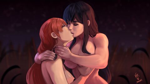 2girls aerolae black_hair blue_eyes breast_grab breasts final_fantasy final_fantasy_xiv gaia_(ffxiv) kissing korwuarts long_hair neck_grab nipples nude nude_female orange_hair painted_nails romantic ryne_waters square_enix yuri