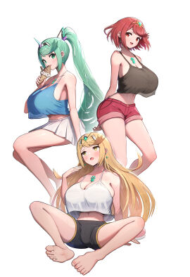 3girls absurdres alternate_costume barefoot blonde_hair breasts female gonzarez highres large_breasts multiple_females multiple_girls mythra mythra_(xenoblade) pneuma_(xenoblade) pyra pyra_(xenoblade) red_eyes red_hair xenoblade_chronicles_(series) xenoblade_chronicles_2