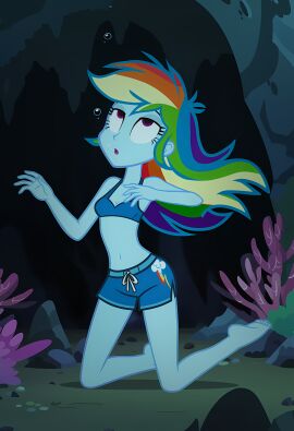 2025 ai_generated belly bikini_under_shorts black_dot_eyes black_eyebrows blue_bikini blue_body blue_shorts blue_skin bubbles deviantart equestria_girls eyebrows_visible_through_hair female_only hasbro labreed looking_up my_little_pony_equestria_girls ocean_background open_mouth purple_eyes_female rainbow_dash_(eg) rainbow_hair sea_background tummy underwater_view