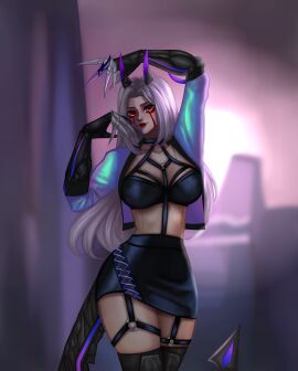 1girls adapted_costume arm_above_head arm_raised black_bra black_skirt blue_jacket bra breasts claws crossover cybernetic cybernetic_arm cybernetic_arms cybernetic_tail cybernetics cyberpunk cyborg cyborg_girl day_of_wrath day_of_wrath_(doom_fanfic) demon demon_girl demon_horns demon_tail demoness evelynn exposed_midriff face_markings facing_viewer female fr04ek glowing glowing_clothes glowing_clothing glowing_horns goddess halter_top harness harness_bra idol infinitypilot iridescent iridescent_clothing jacket k/da_all_out_evelynn k/da_all_out_series k/da_evelynn k/da_series league_of_legends leather leather_bra leather_harness leather_skirt leather_straps long_hair looking_at_viewer midriff nail_guards open_jacket original original_character popstar purple_hair raised_arm red_eyeliner red_eyes red_eyeshadow robotic_arm robotic_arms robotic_tail science_fiction shiny shiny_clothes shiny_hair short_skirt skirt smile smiling smiling_at_viewer solo solo_female stage stage_lights stage_show standing straps succubus succubus_horns succubus_tail thighs white_hair zeta_(day_of_wrath) zoe_thompson_(day_of_wrath)