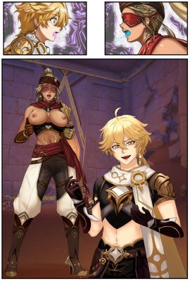 aether_(genshin_impact) areola areolae belly_button blindfold blonde_hair body_swap body_switch breasts breasts_out dark-skinned_female dark_skin eremite_(genshin_impact) eremite_galehunter_(genshin_impact) female genderswap genderswap_(ftm) genderswap_(mtf) genshin_impact male male/female nipples rule_63 soul surprised umbracallistis
