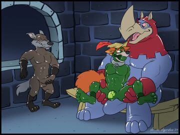 2024 4:3 anthro ball_gag barney_(g00da) black_bodysuit black_clothing black_gloves black_handwear black_latex black_skinsuit bodysuit bondage bound bulge bulge_frottage canid canine canis clothing collar digital_media_(artwork) disney erection erection_under_clothing felid footprint fox fur gag gagged gloves green_ball_gag green_clothing green_latex green_skinsuit grey_bodysuit grey_clothing grey_latex grey_skinsuit group guard handwear hi_res horace_(g00da) horn latex latex_bodysuit latex_clothing latex_gloves latex_handwear latex_mask latex_skinsuit lion male male/male mammal mask masturbation medieval medieval_clothing metal_collar open_mouth orange_body orange_fur pantherine pawprint penile penile_masturbation penis red_clothing red_gloves red_handwear red_latex rhinoceros robin_hood robin_hood_(disney) sitting size_difference skinsuit spread_legs spreading story story_in_description tight_clothing trio vir-no-vigoratus wolf