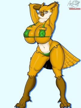 anthro artans14 avian big_breasts bikini breasts curvy curvy_figure female furry glasses nipple_bulge nipples oc original_character owl sasha_weatherclaw_(artans14) thick_thighs tight_fit