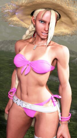 1girls 3d bikini blonde_hair blue_eyes braid breasts cammy_white cammy_white_(street_fighter_6) capcom female female_only long_hair pink_bikini sf_screenshot small_breasts solo street_fighter street_fighter_6 tan_body tan_skin tanline tanned_skin