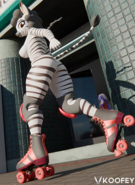 3d absurd_res ass blender_(artwork) breasts clothed clothing digital_media_(artwork) equid equine female hi_res knee_pads koofey looking_at_viewer low-angle_view mammal melissa_copra mostly_nude nude public public_nudity quad_skates reptile roller_skates scalie side_boob side_view snake snake_hood watermark zebra