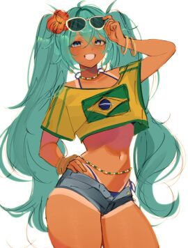 1girls bead_necklace bikini_tan blue_eyes blue_hair brazil brazilian brazilian_female brazilian_flag brazilian_miku clothing cropped cropped_shirt cute daisy_dukes feet_out_of_frame female female_focus female_only glasses glasses_on_head hatsune_miku highleg highleg_bikini katsubaoo latin_american_hatsune_miku_(meme) looking_at_viewer midriff short_shorts shorts shorts_tan smile smiling_at_viewer solo solo_female solo_focus tan_body tan_line tan_lines tanline tanlines tanned tanned_body tanned_female tanned_skin thick_thighs thighs thin_waist thong very_long_hair vocaloid whale_tail