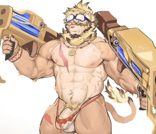 anothereidos_of_dragon_vein_r anthro blonde_hair brown_hair clothing eyewear felid foreskin fur genitals goggles gun hair hi_res jewelry kani_1976 leonhart_(anothereidos_r) lion male mammal mane necklace nipples orange_body orange_fur pantherine partially_retracted_foreskin penis penis_base penis_peek ranged_weapon retracted_foreskin scar solo tan_body tan_fur thong translucent translucent_clothing uncircumcised underwear weapon