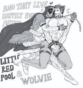 2boys abs alternate_costume animal_ears animification arm_hair barefoot beard big_bad_wolf_(cosplay) bow chain_leash chains chest_hair collar cosplay couple deadpool deadpool_&_wolverine_(2024) dress english_text facial_hair fishnets full_body gay gloves hairy halloween halloween_costume heart holding holding_leash hood hood_up james_howlett large_pectorals leash little_red_riding_hood_(copyright) little_red_riding_hood_(cosplay) looking_at_viewer male male_focus male_only marvel marvel_cinematic_universe marvel_comics mask mature_male monochrome multiple_boys multiple_males muscular muscular_male mutant_(marvel) mutate_(marvel) navel nipples open_mouth pants pectoral_grab pectorals scar scars_all_over short_hair short_sleeves siyi1996 tail teeth thigh_strap topless_male veins veiny_arms wade_wilson wolf_boy wolf_ears wolf_tail wolverine_(x-men) x-men yaoi