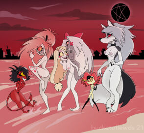 anthro breasts bucketoflewds charlie_morningstar_(hazbin_hotel) cherri_bomb crossover demon demon_girl female furry hand_on_hip hazbin_hotel hellhound helluva_boss imp long_hair loona_(helluva_boss) millie_(helluva_boss) multiple_females multiple_girls naked naked_female niffty nipples nude nude_female piggyback size_difference spiked_collar tagme vaggie_(hazbin_hotel) wolf wolf_girl
