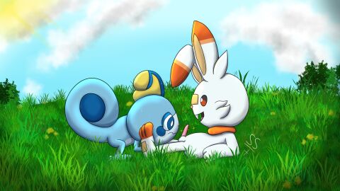 absurd_res ambiguous_gender amphibian blue_sky cloud duo erection feral generation_8_pokemon genitals grass_field happy hi_res imminent_oral lagomorph leporid looking_at_another looking_at_genitalia looking_at_penis lying male mammal nintendo on_back outside penis pokemon pokemon_(species) presenting rabbit salamander scorbunny side_view sky smile sobble sparkles ssaammeett_(artist) tapering_penis unsure