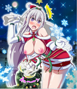 1boy 1girls accidental_exposure bare_legs blush breasts breasts_out christmas_clothing christmas_hat christmas_outfit clothes_pull dress_pull elf elf_ears elf_female elf_girl emilia_(re:zero) female hanaukyou123 male nipples puck_(re:zero) purple_eyes re:zero_kara_hajimeru_isekai_seikatsu silver_hair standing thighs undressing_another